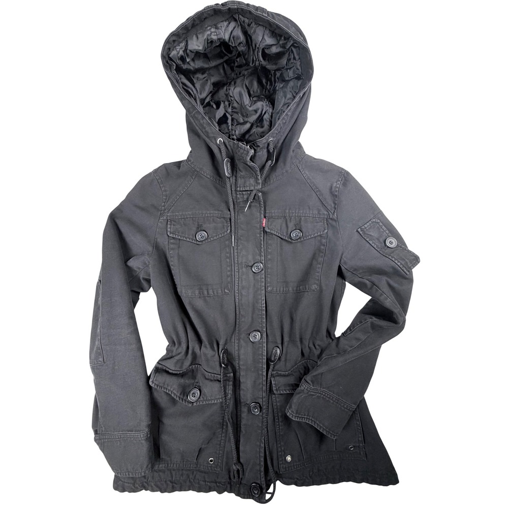 Levis Womens Black Cotton Canvas Field Jacket Quilted Hooded Utility Parka M